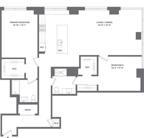 Floor plan for 2 beds, 2 baths, 1453 sqft